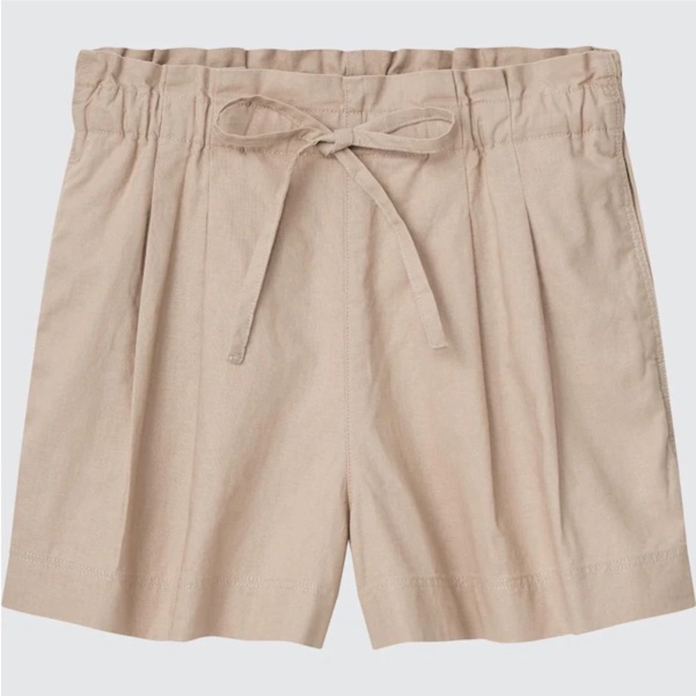 NWOT Uniqlo Beige Linen Cotton Blend Paperbag Pull On Adjustable‎ Shorts